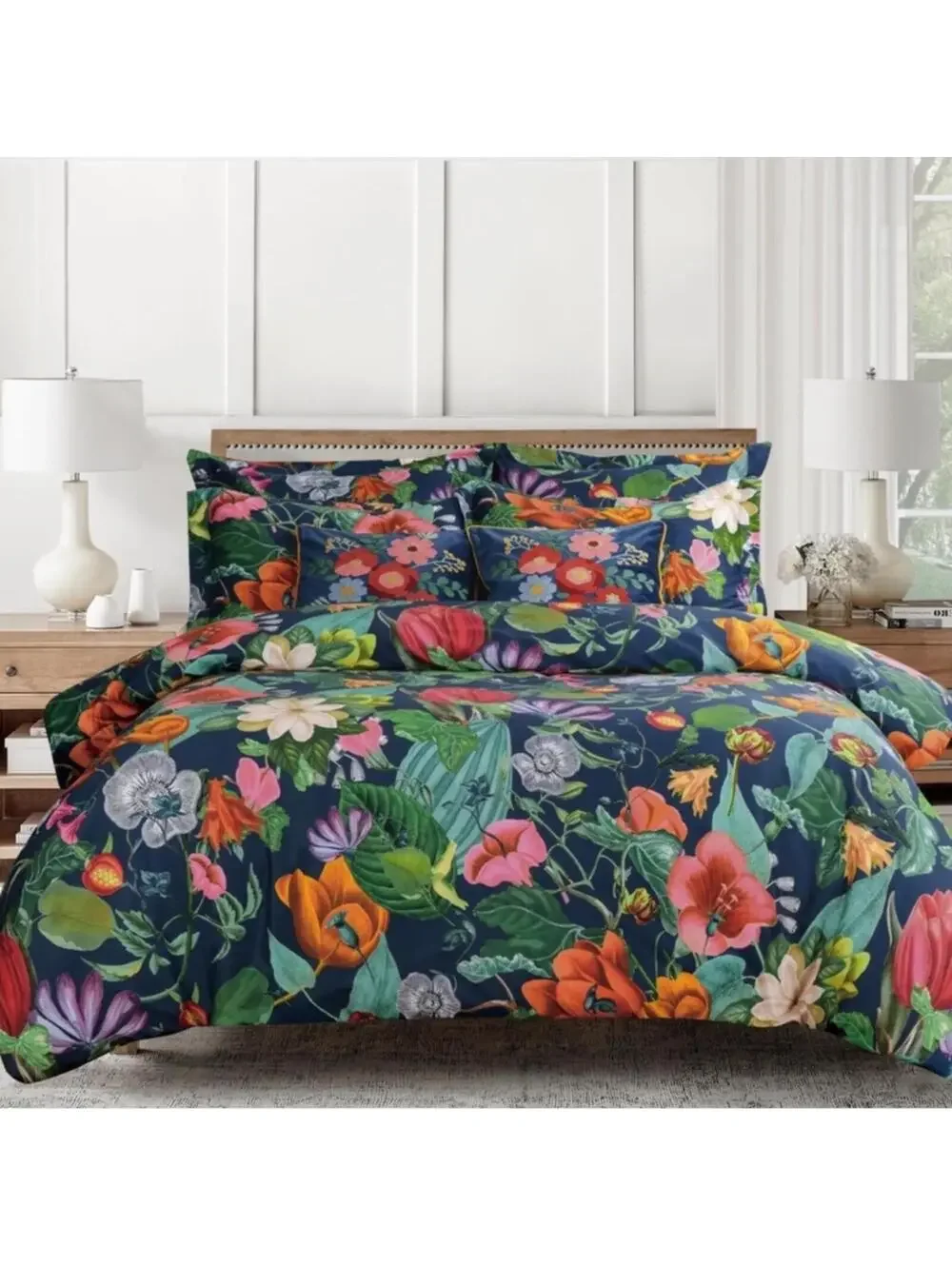PB Style Floral Print Queen Duvet Sateen Cotton 3Piece Set Navy Blue Pink NWT